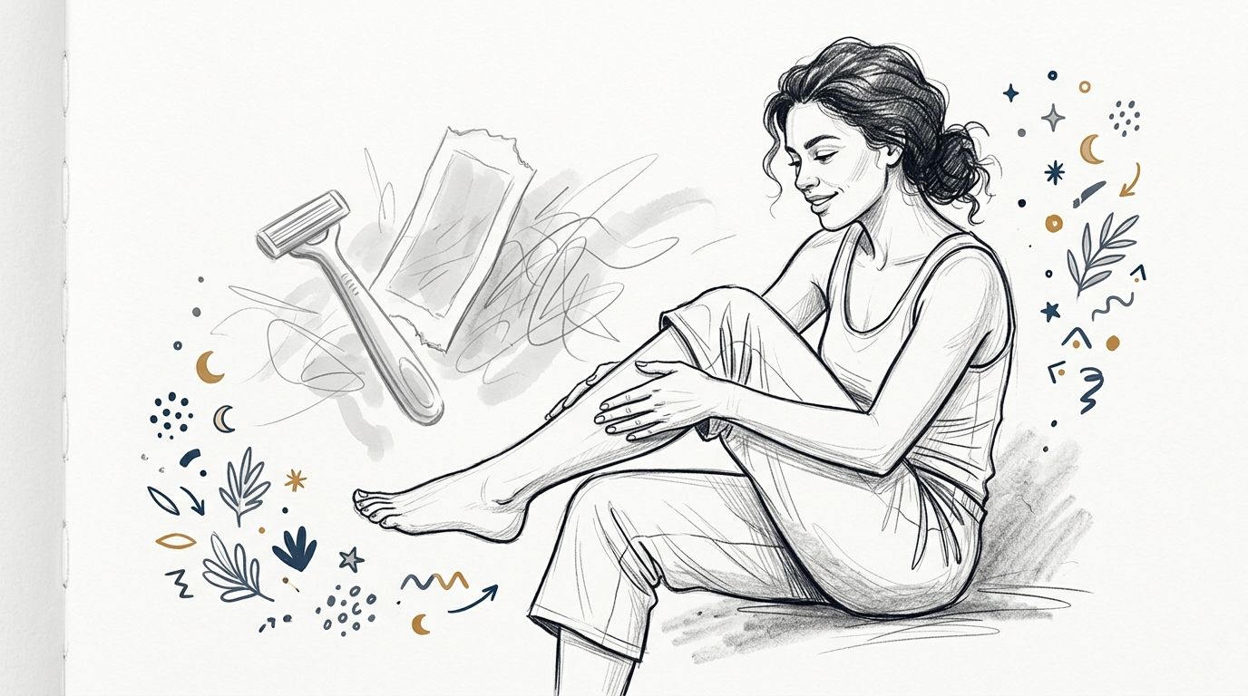 A pencil sketch of a smiling woman sitting and touching her smooth leg near a razor icon.