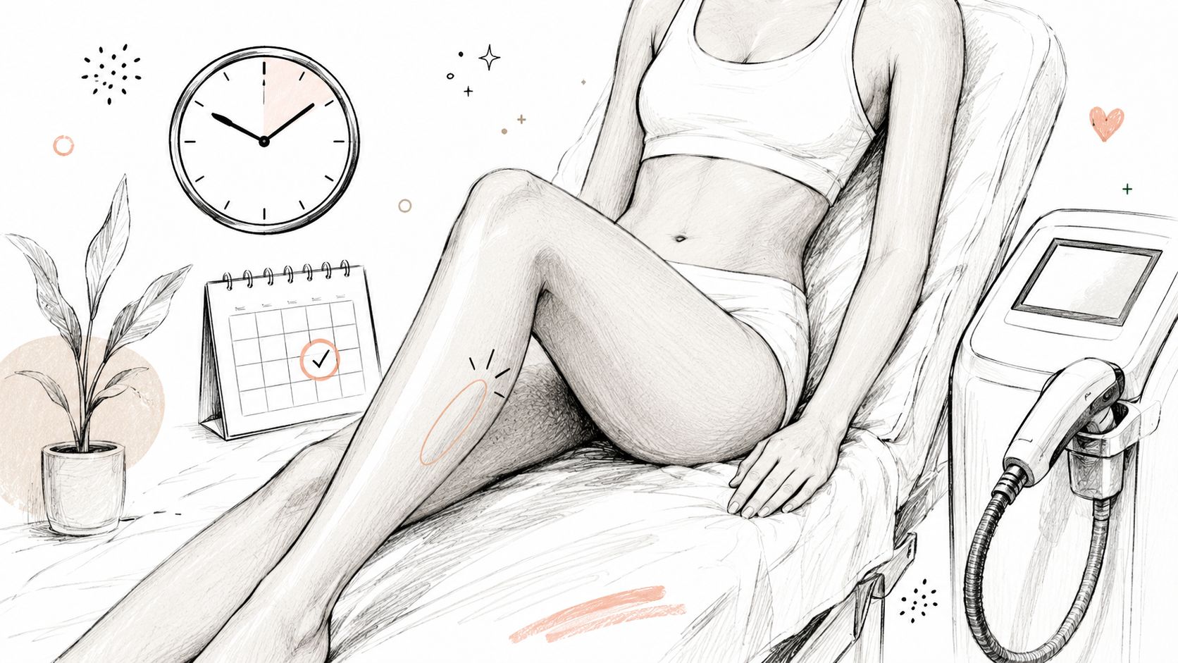 A pencil sketch of a woman preparing for a professional laser hair removal session in a clinic.