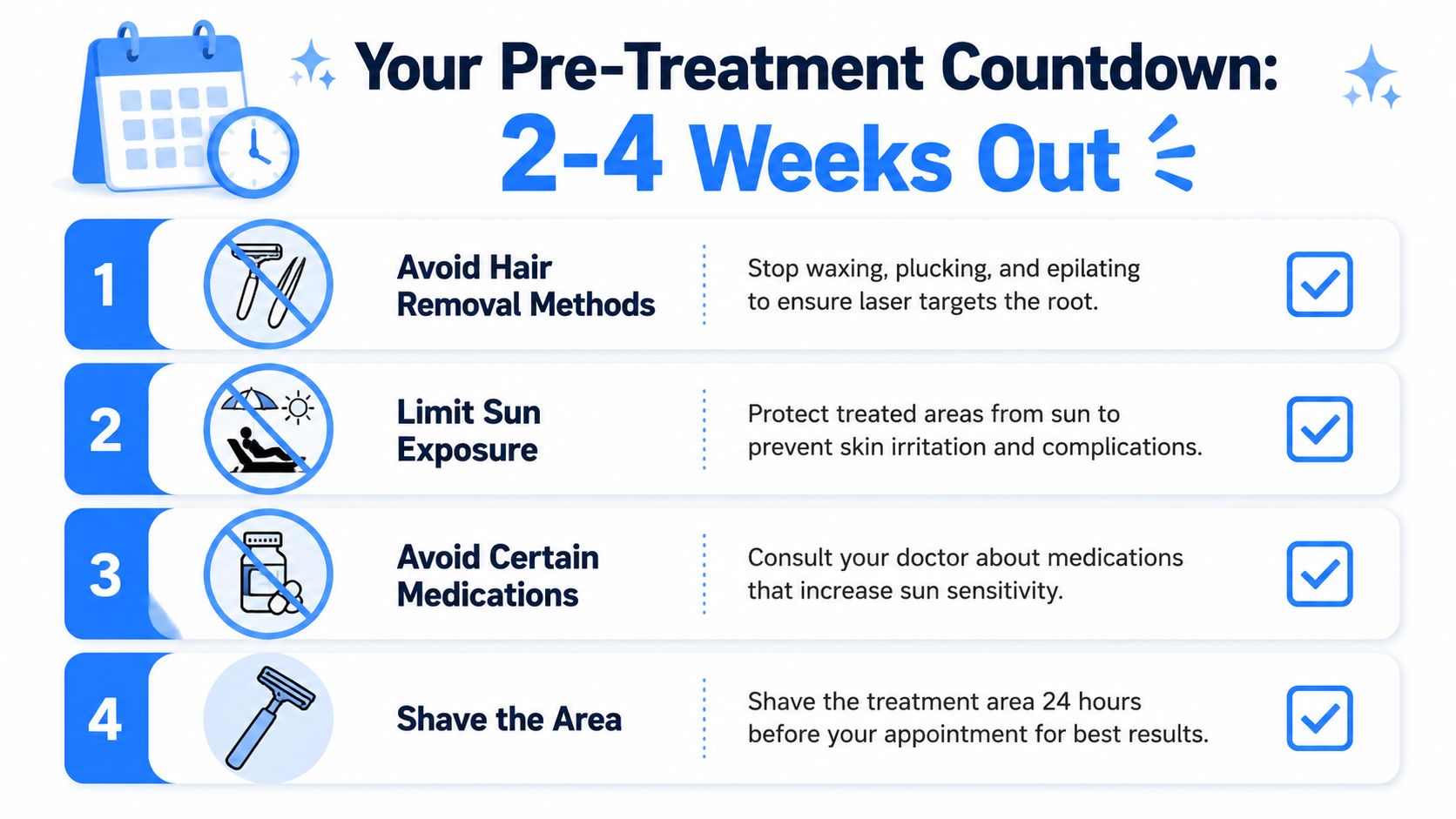 A checklist infographic outlining four important steps to prepare for laser hair removal treatment.