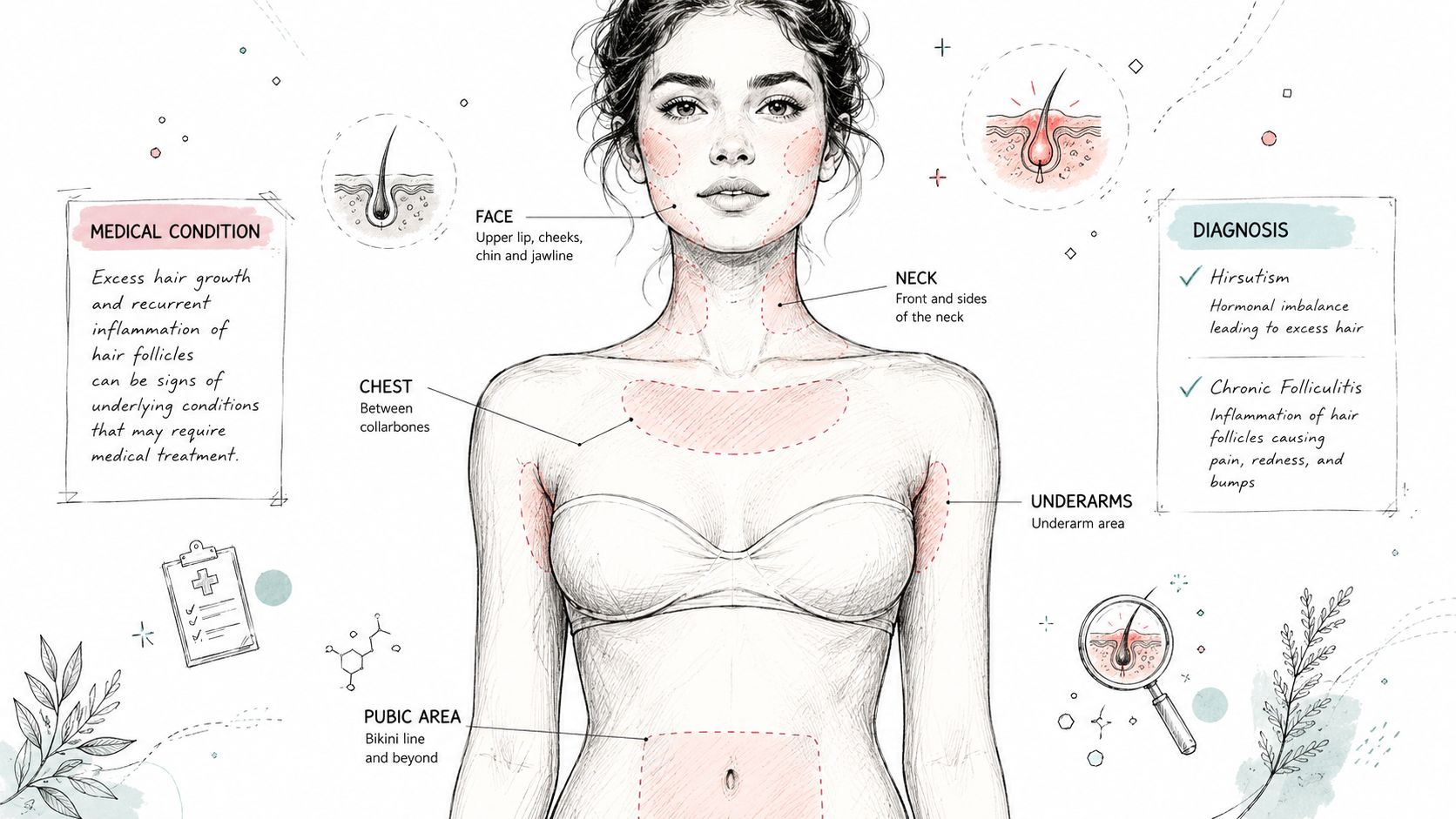 An anatomical illustration showing areas of excess hair growth and follicle inflammation on a female figure.