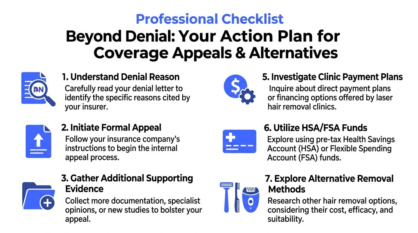 A seven-step checklist for navigating laser hair removal insurance coverage denials and alternative payment strategies.