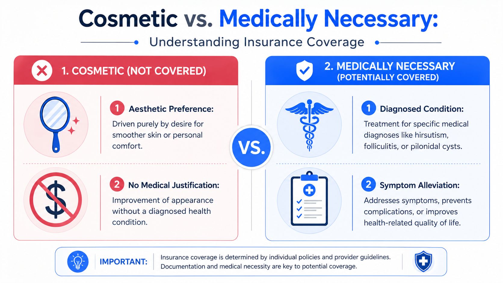 A comparison chart explaining the difference between cosmetic procedures and medically necessary treatments for insurance coverage purposes.
