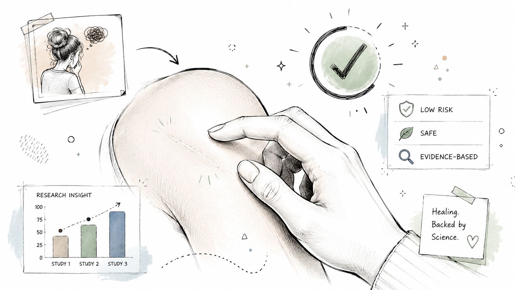 A hand touching a scar on a knee with scientific research charts and safety icons shown.