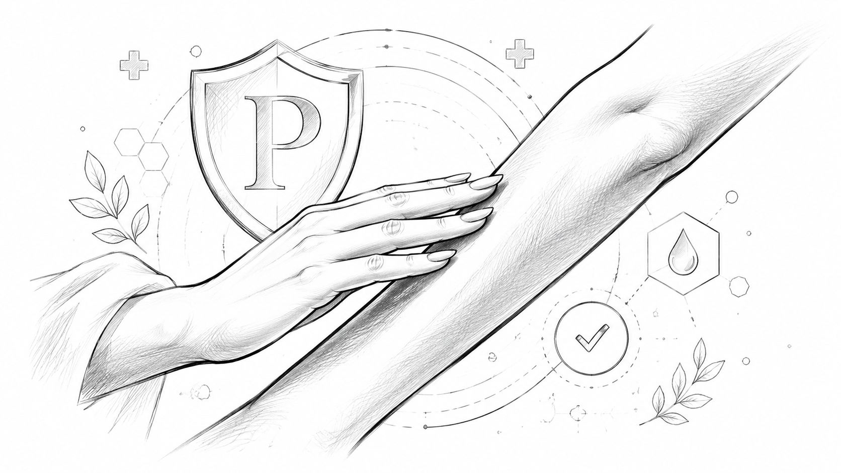 A detailed sketch of a hand touching a person's arm, symbolizing skin protection and healthcare.