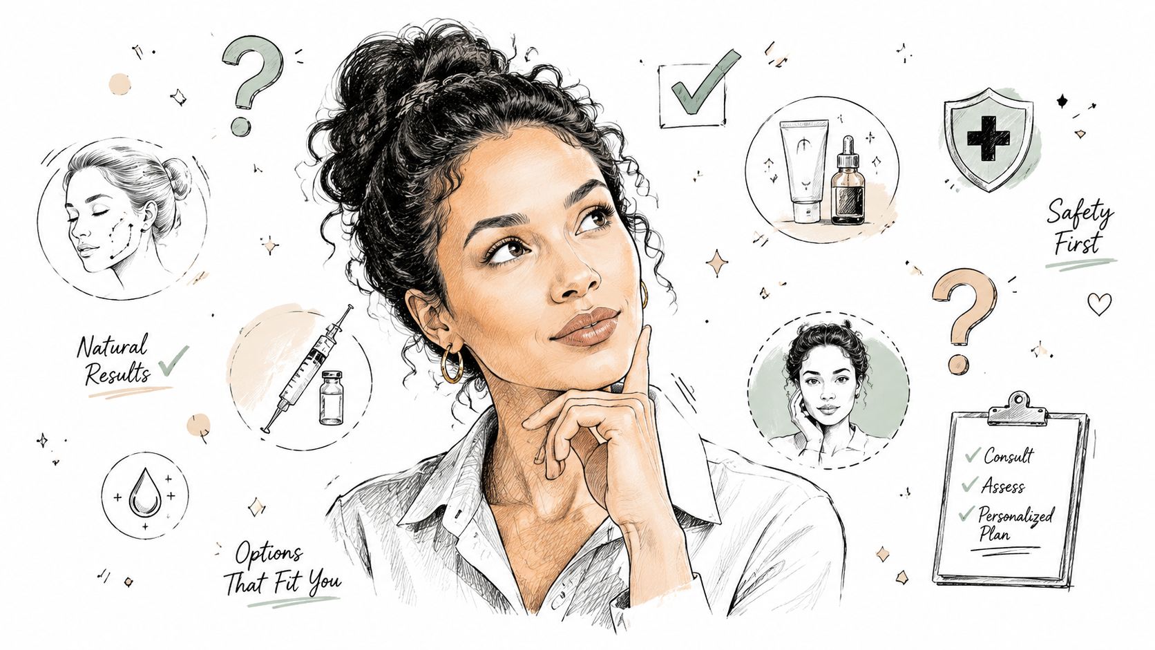 A woman considering various non-surgical cosmetic procedure options, represented by illustrations of treatments and a personalized plan.