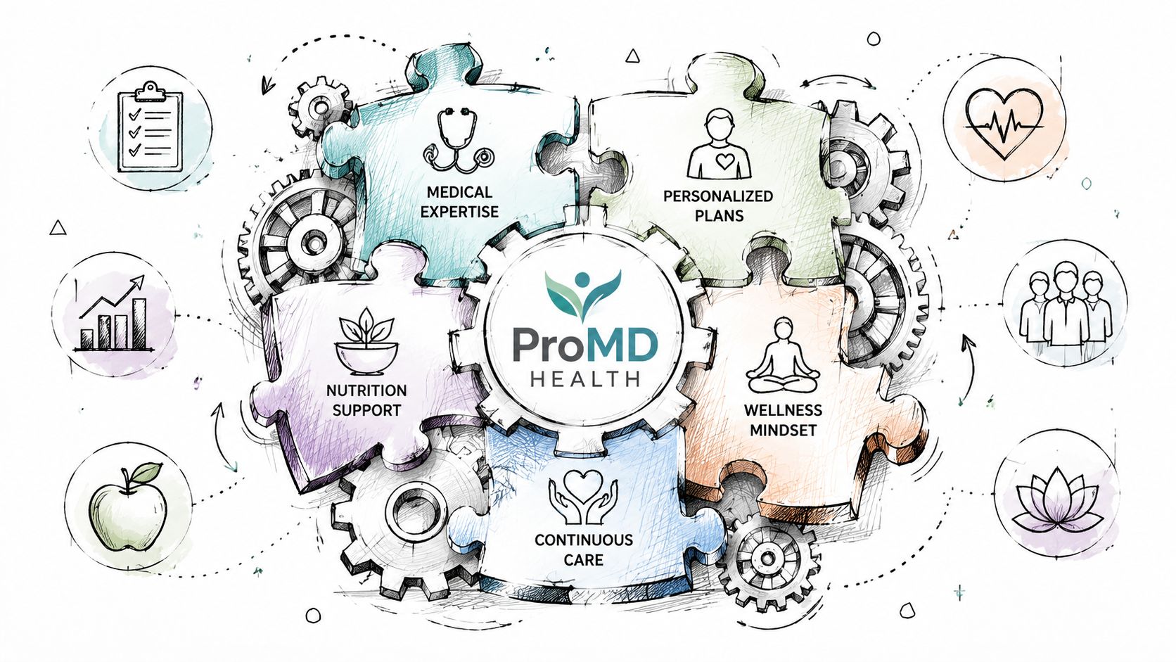 A hand-drawn illustration showing the holistic care philosophy of ProMD Health featuring various wellness services.