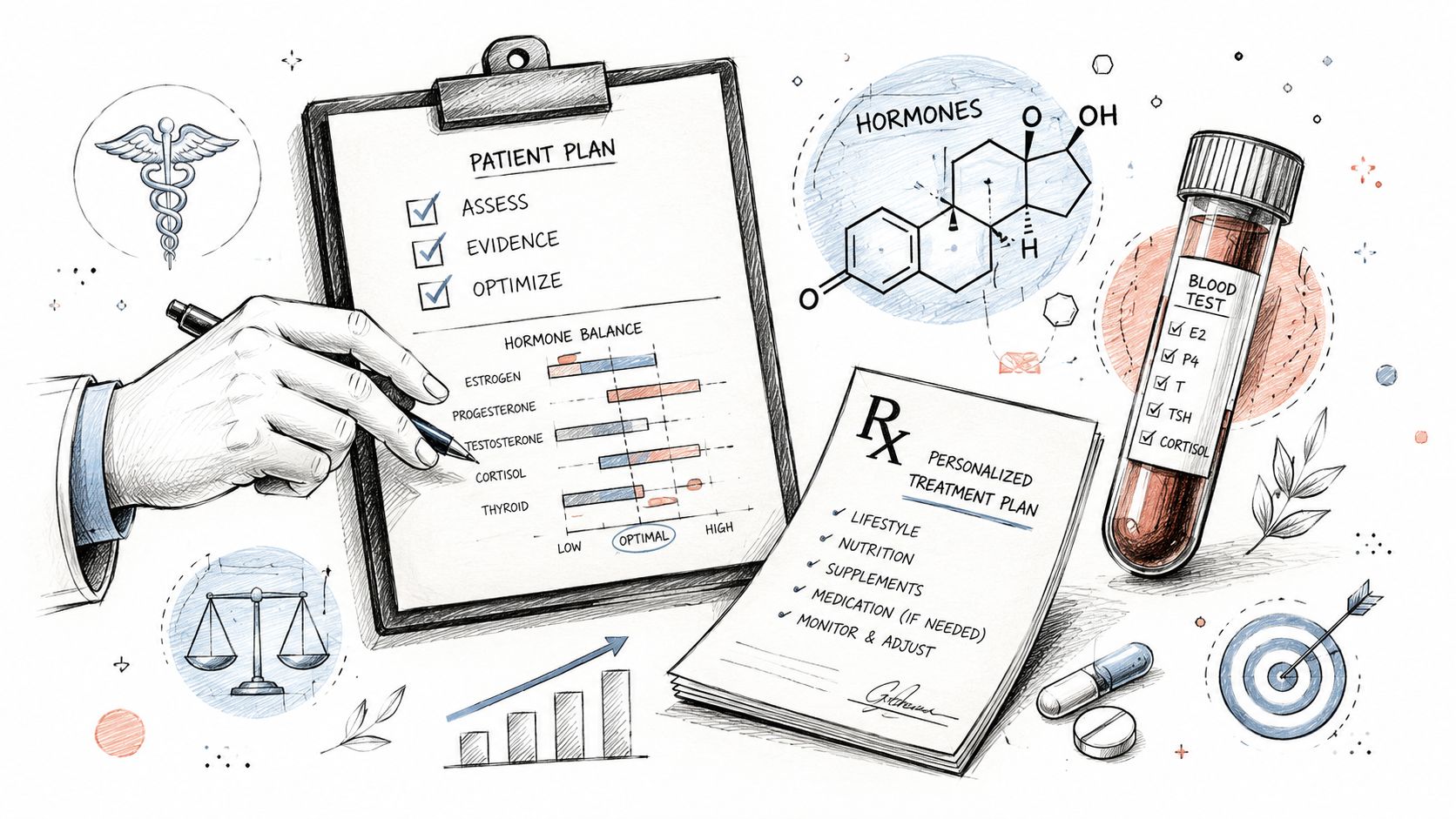 A hand holding a pen over a medical document detailing hormone balance and treatment plans.