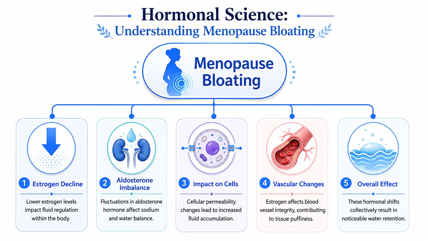 A diagram explaining the hormonal causes of menopause bloating, including estrogen decline, aldosterone imbalance, and fluid retention.