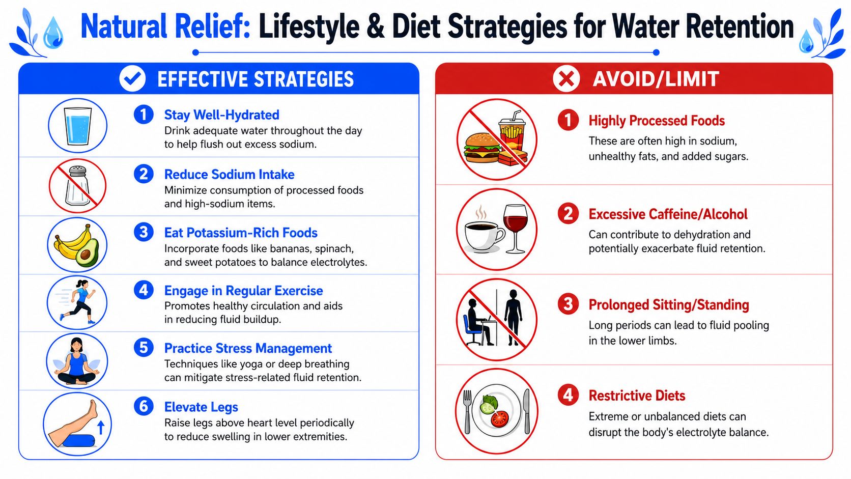 A visual guide outlining effective strategies and habits to avoid for managing and reducing body water retention.