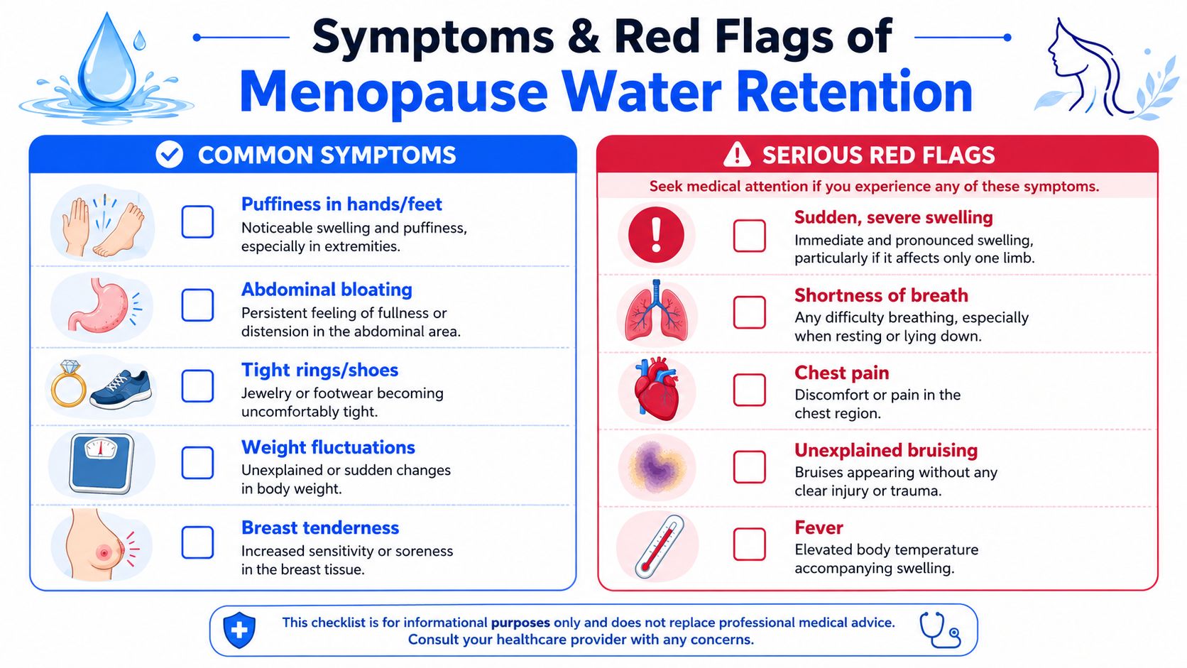 A checklist infographic detailing common symptoms and serious red flags associated with water retention during menopause.
