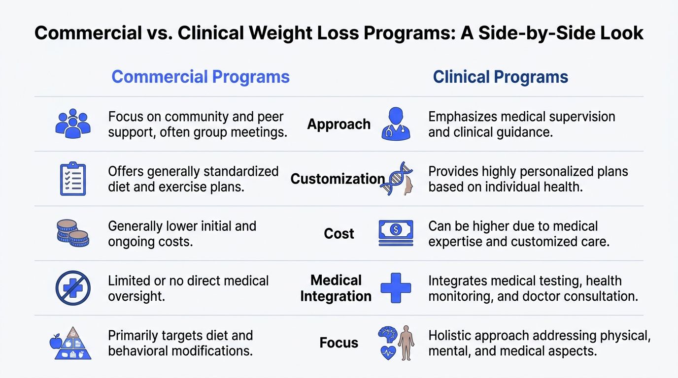 A comparison chart outlining the key differences between commercial and clinical weight loss programs.