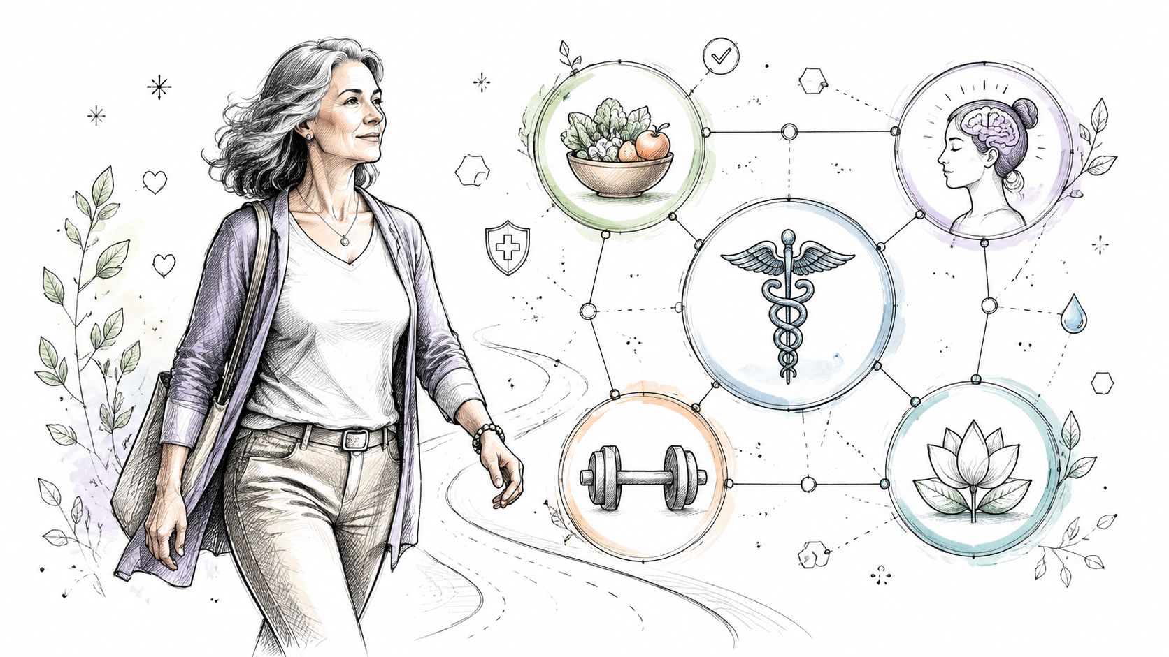 A middle-aged woman walking past icons representing health, nutrition, mental wellness, fitness, and medical care.