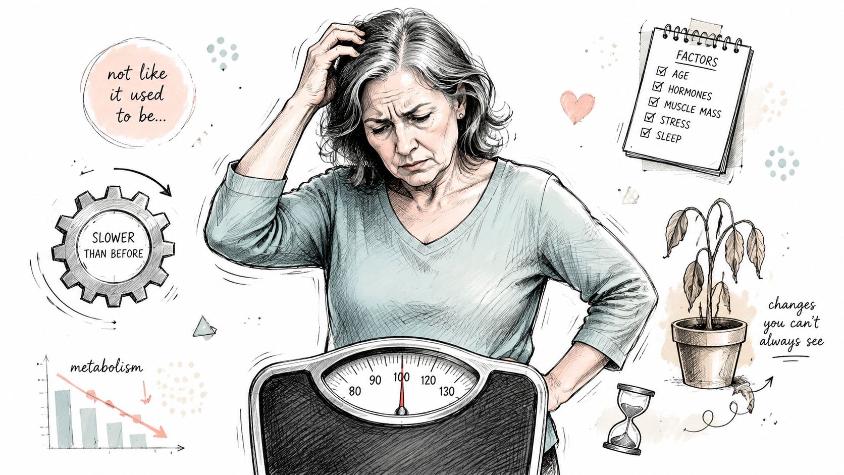 A middle-aged woman looking concerned while stepping on a scale, reflecting on metabolism changes and age-related factors.