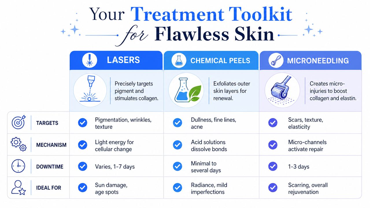 A comparison chart outlining skin treatments, including lasers, chemical peels, and microneedling for skin improvement.