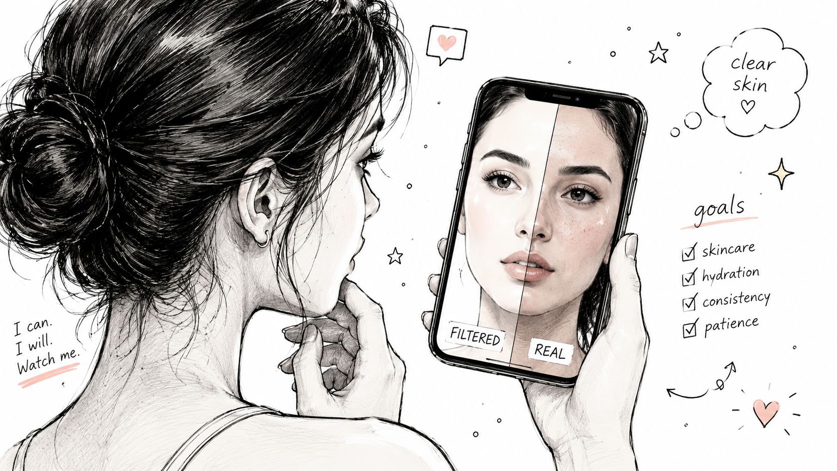 A black and white sketch of a woman comparing her natural skin to a filtered image on a smartphone.