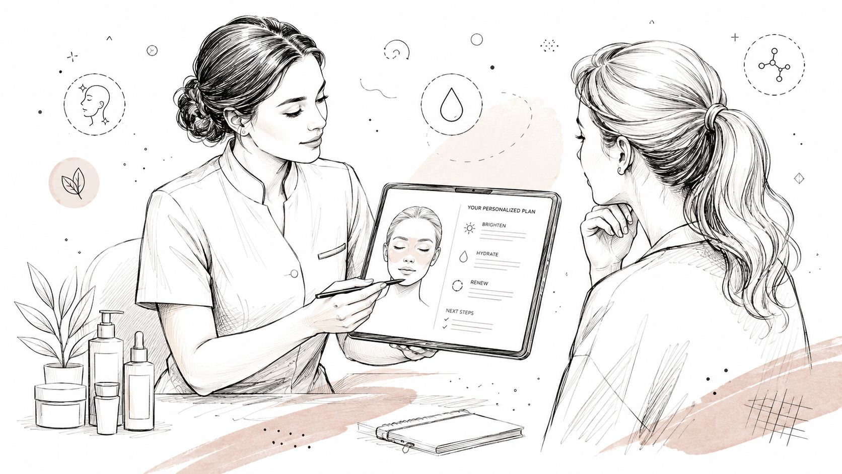 A dermatologist discusses a personalized skincare plan with a client using a digital tablet in a clinic.