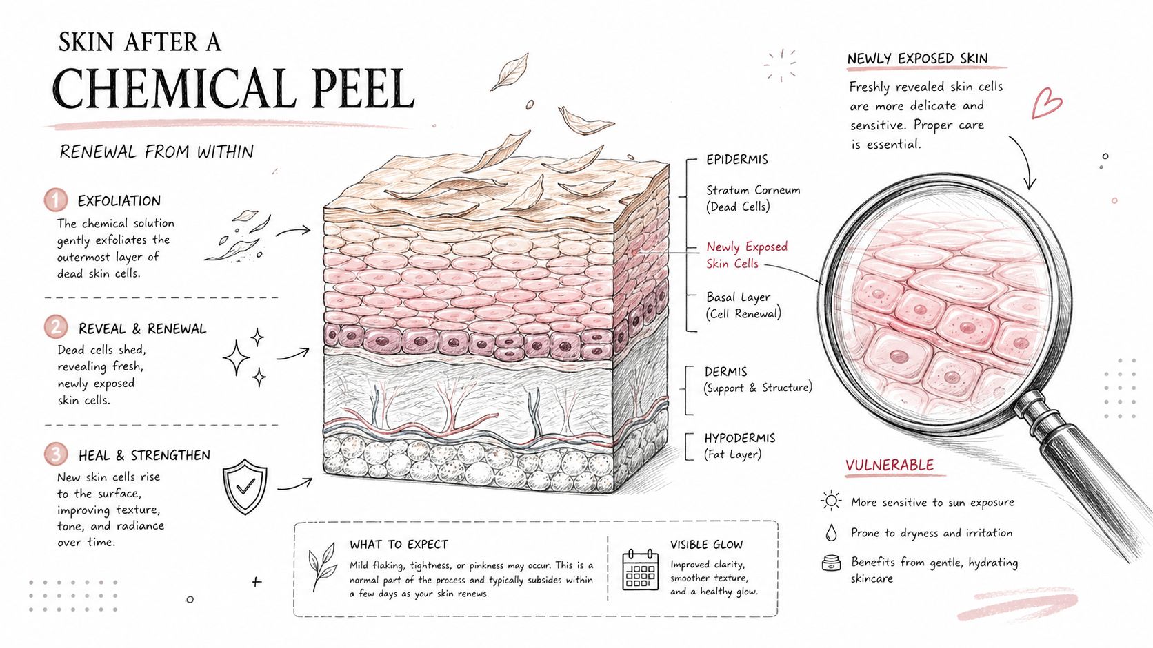A diagram illustrating the biological skin layers and the renewal process following a professional chemical peel treatment.