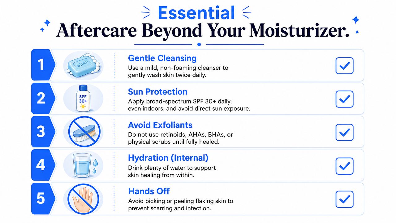 A helpful infographic listing five essential skin care tips for post-procedure recovery beyond daily moisturizer use.