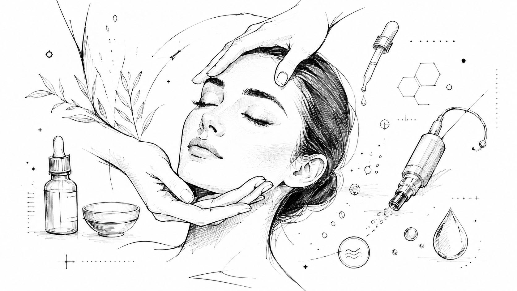 A detailed black and white sketch showing a woman receiving a facial treatment with beauty tools and products.