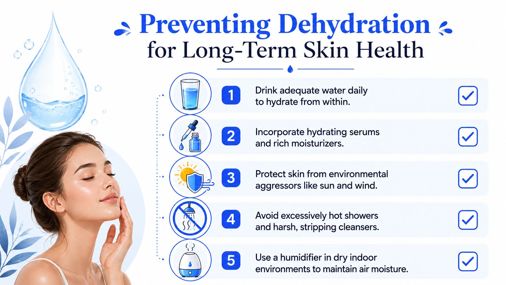 An infographic showing five tips for preventing dehydrated facial skin to maintain long-term skin health.
