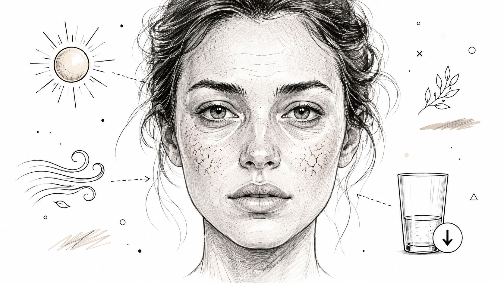 A pencil sketch of a woman's face showing signs of dry, dehydrated skin with environmental factors.