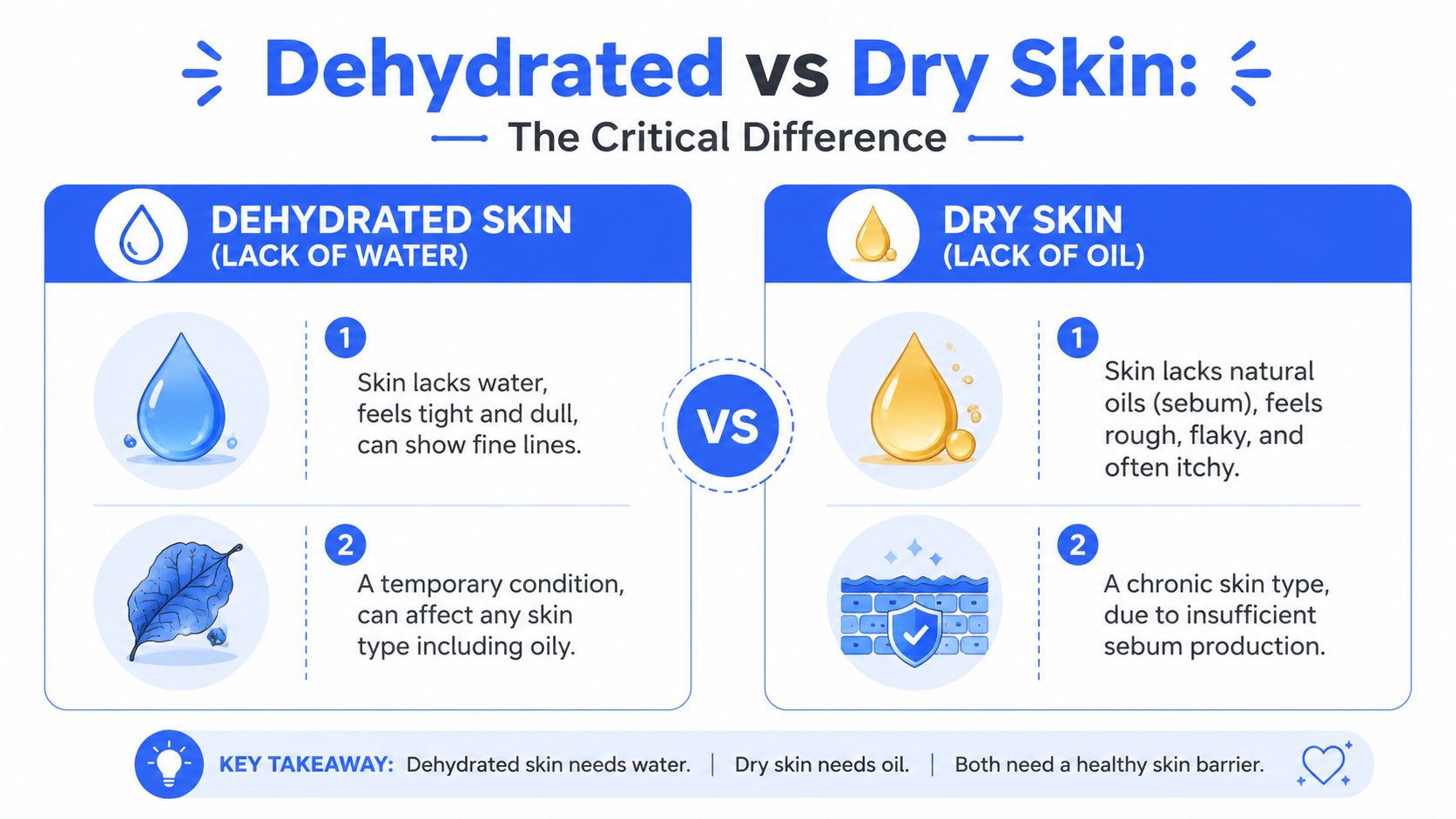 A comparison chart explaining the key differences between dehydrated skin lacking water and dry skin lacking oil.