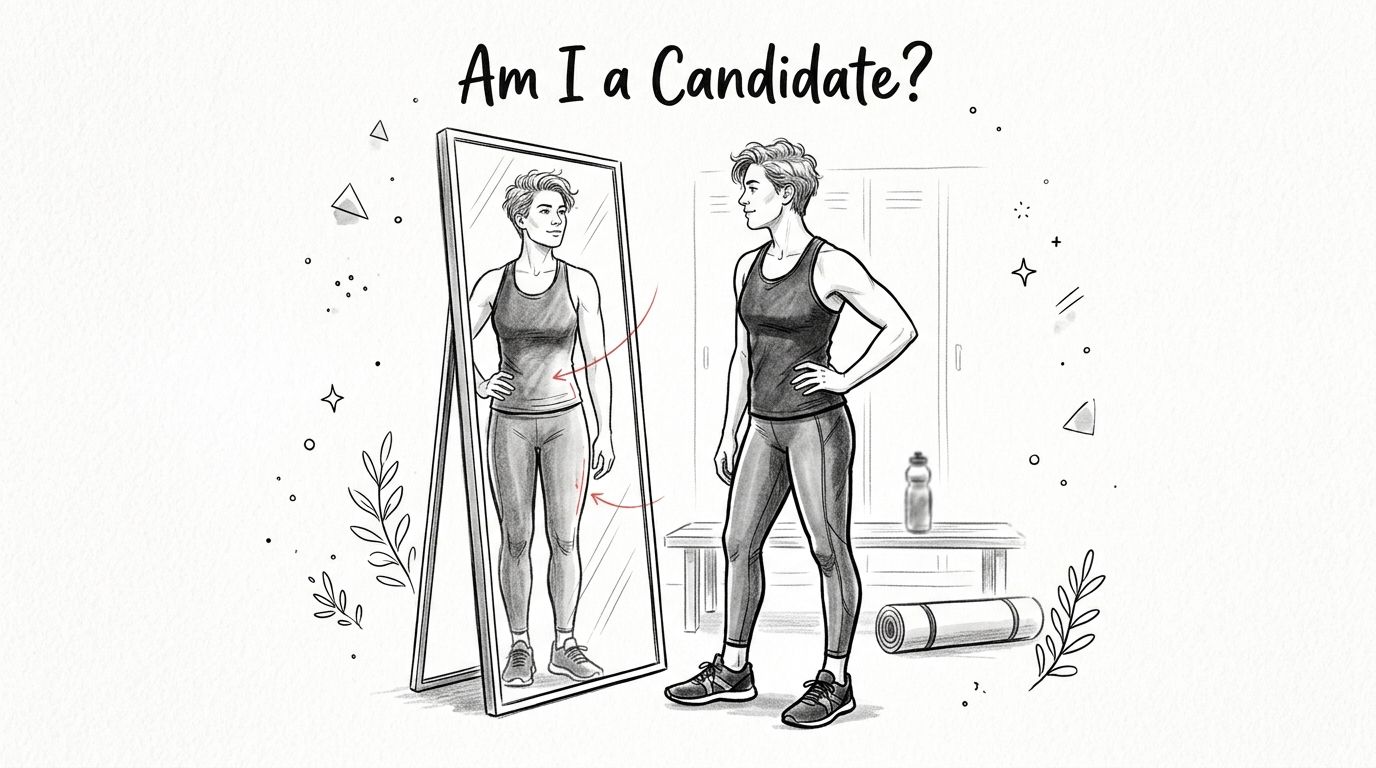 A woman looks at her reflection in a mirror to assess her body contouring fitness results.