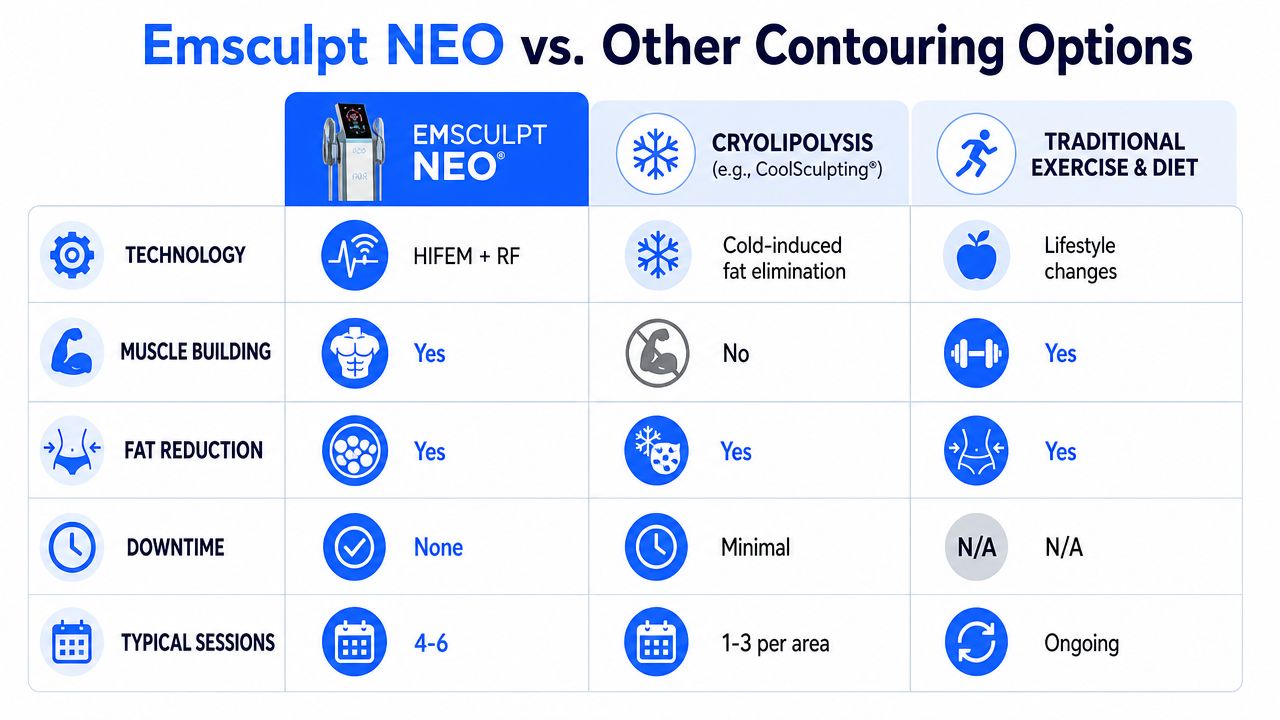 A comparison chart showing features of Emsculpt NEO versus cryolipolysis and traditional exercise and diet methods.