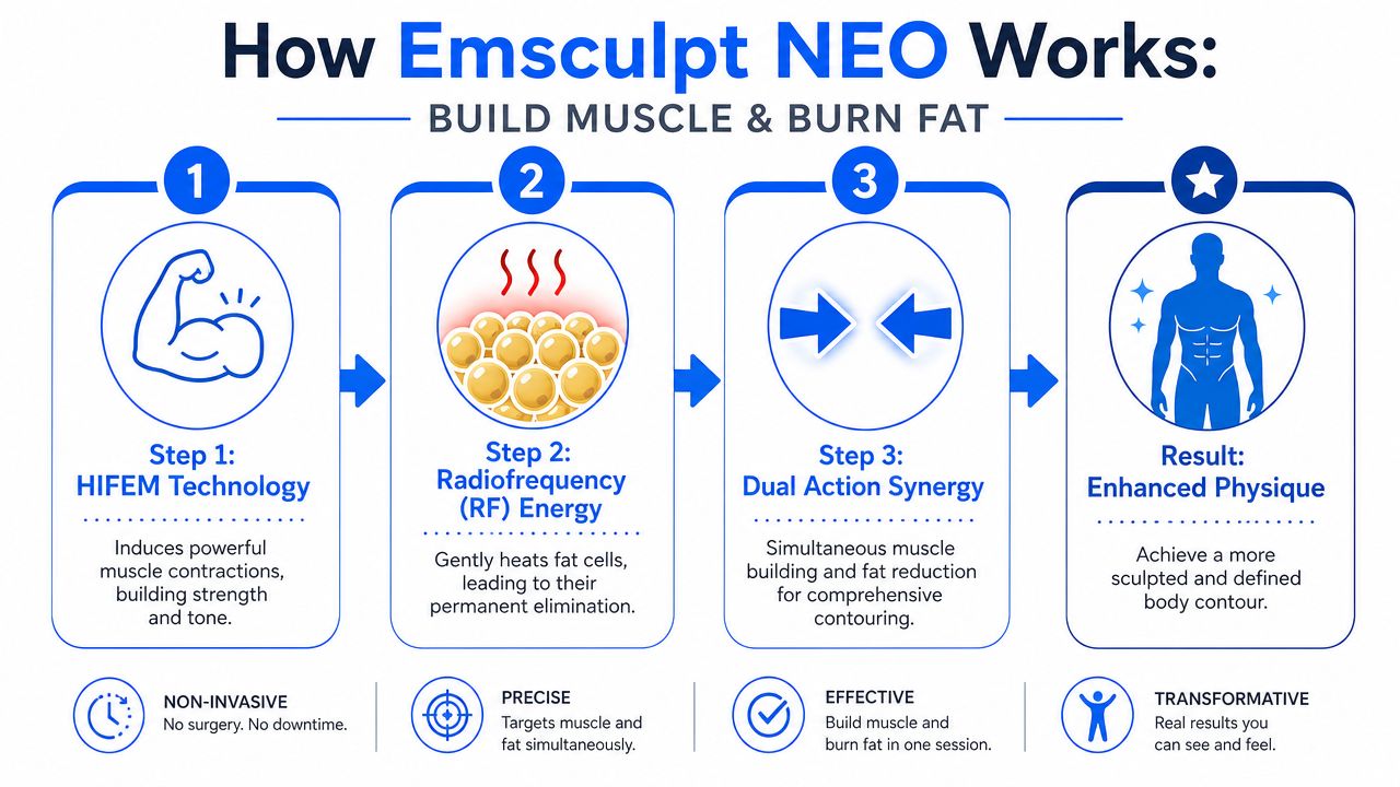 A diagram explaining how Emsculpt NEO works using HIFEM technology and radiofrequency energy to burn fat.