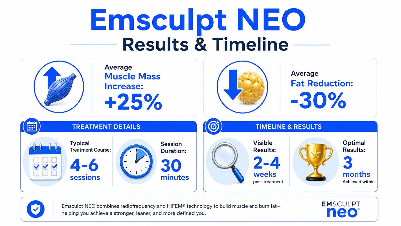 An infographic detailing the treatment details, timeline, and body contouring benefits of Emsculpt NEO sessions.
