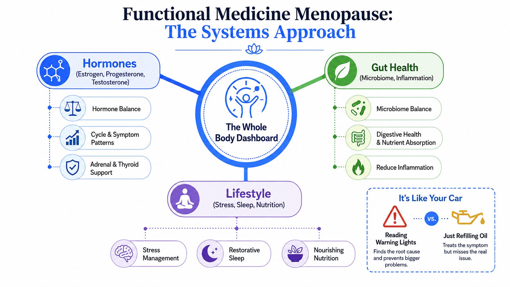 An infographic titled Functional Medicine Menopause: The Systems Approach, illustrating hormone, gut, and lifestyle balance for health.