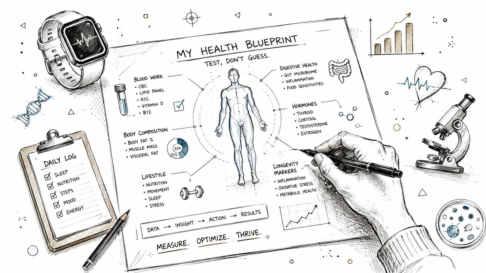 A conceptual sketch illustrating a functional health blueprint plan focused on data-driven wellness, testing, and body optimization.