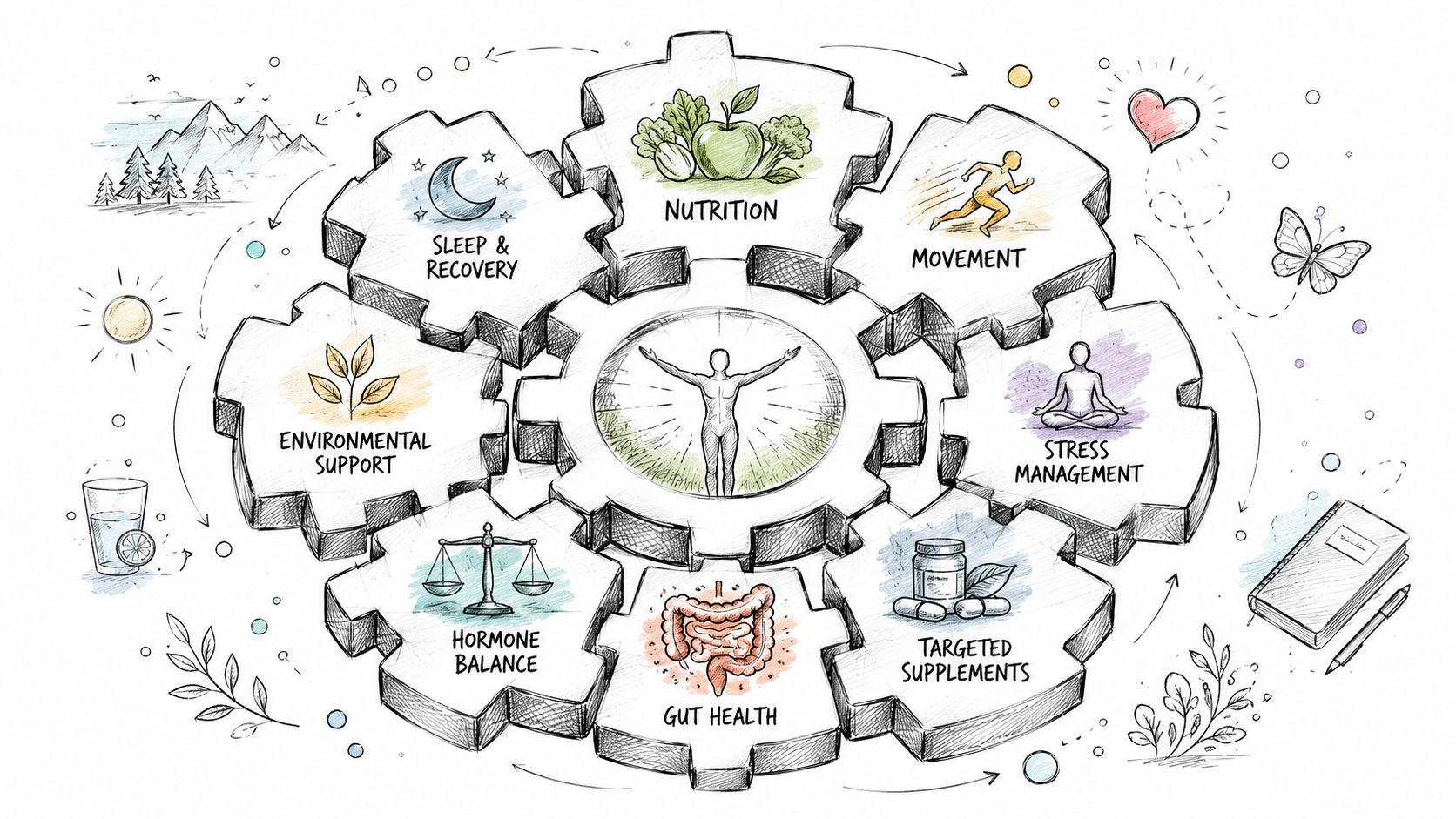 A diagram illustrating the interconnected pillars of functional medicine, including nutrition, movement, sleep, and gut health.