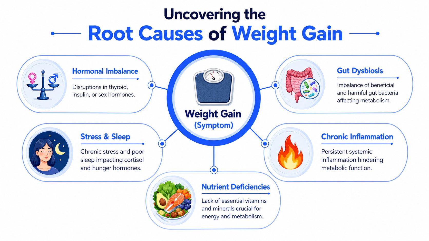 A diagram illustrating five root causes of weight gain including hormonal imbalance, stress, sleep, and gut health.