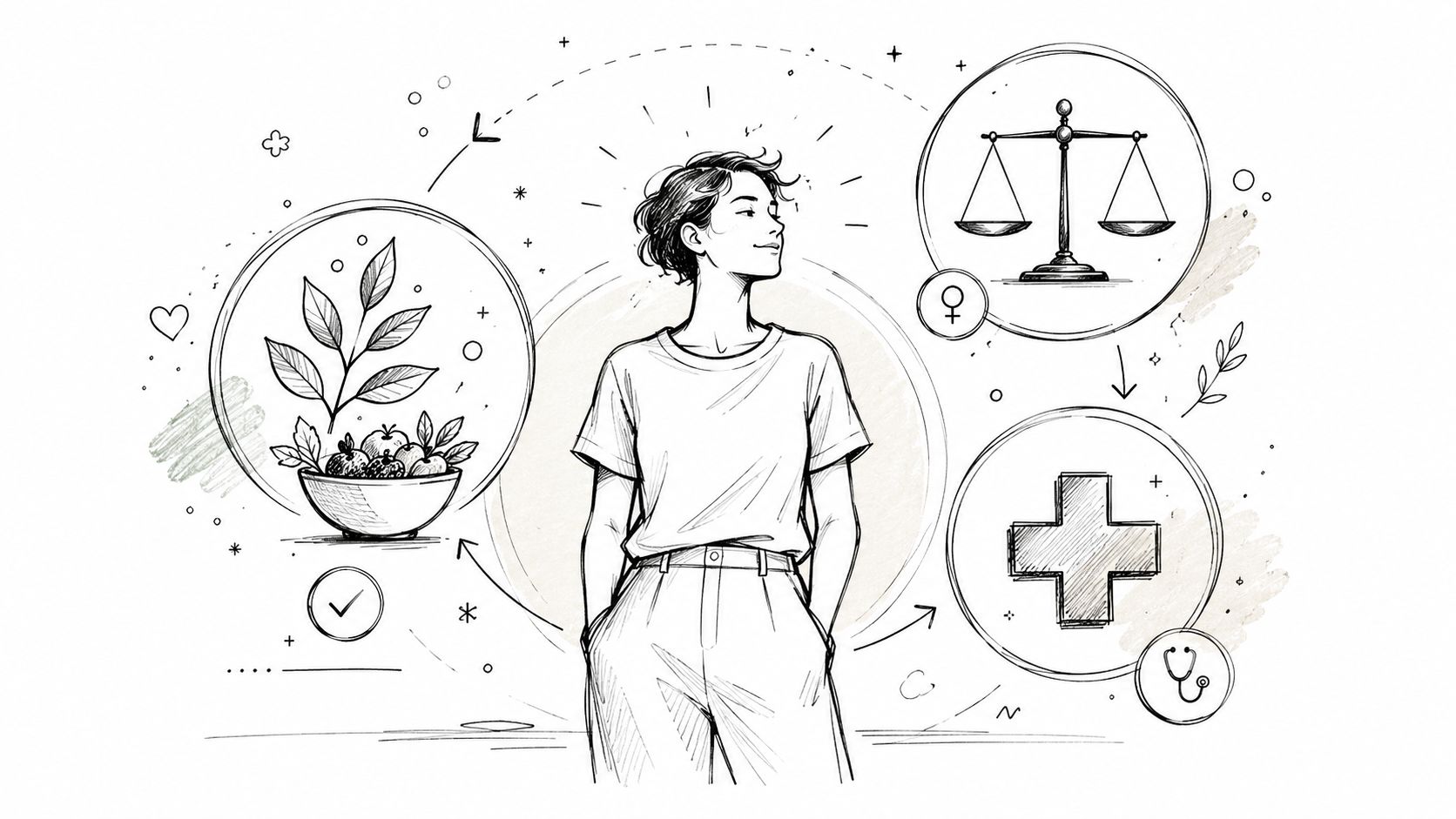 A sketched illustration showing a woman surrounded by symbols of nutrition, gender, justice, and medical wellness.
