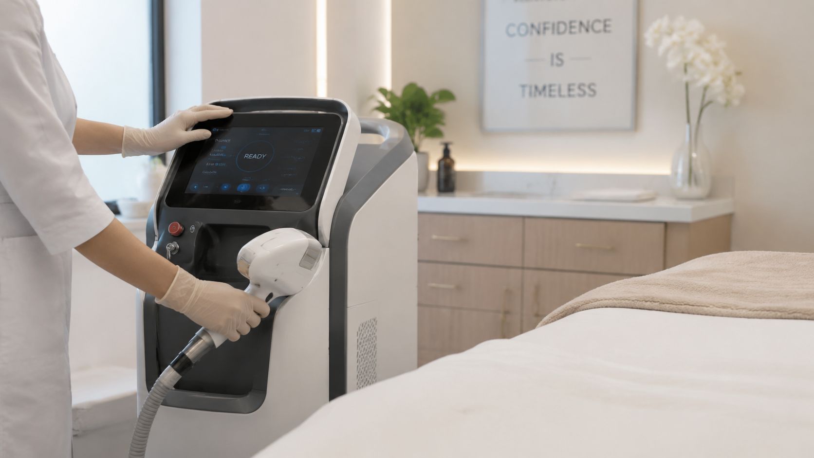 A clinician in gloves prepares a professional laser hair removal machine in a modern spa treatment room.
