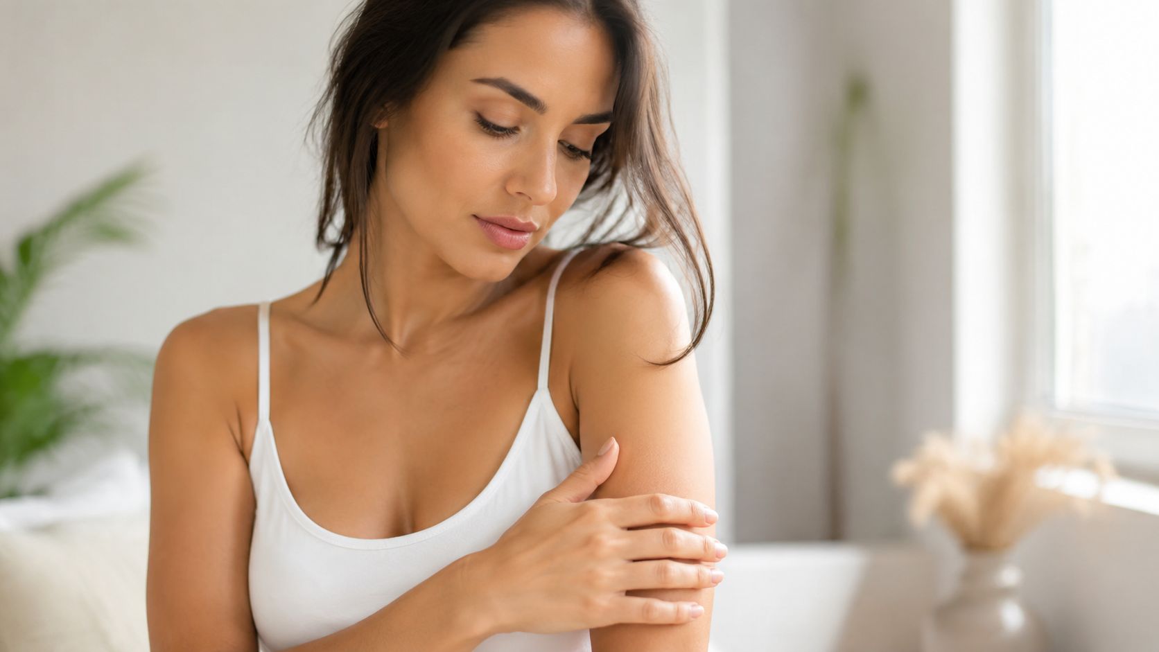 A young woman with glowing skin gently touching her smooth, moisturized upper arm in a bright room.