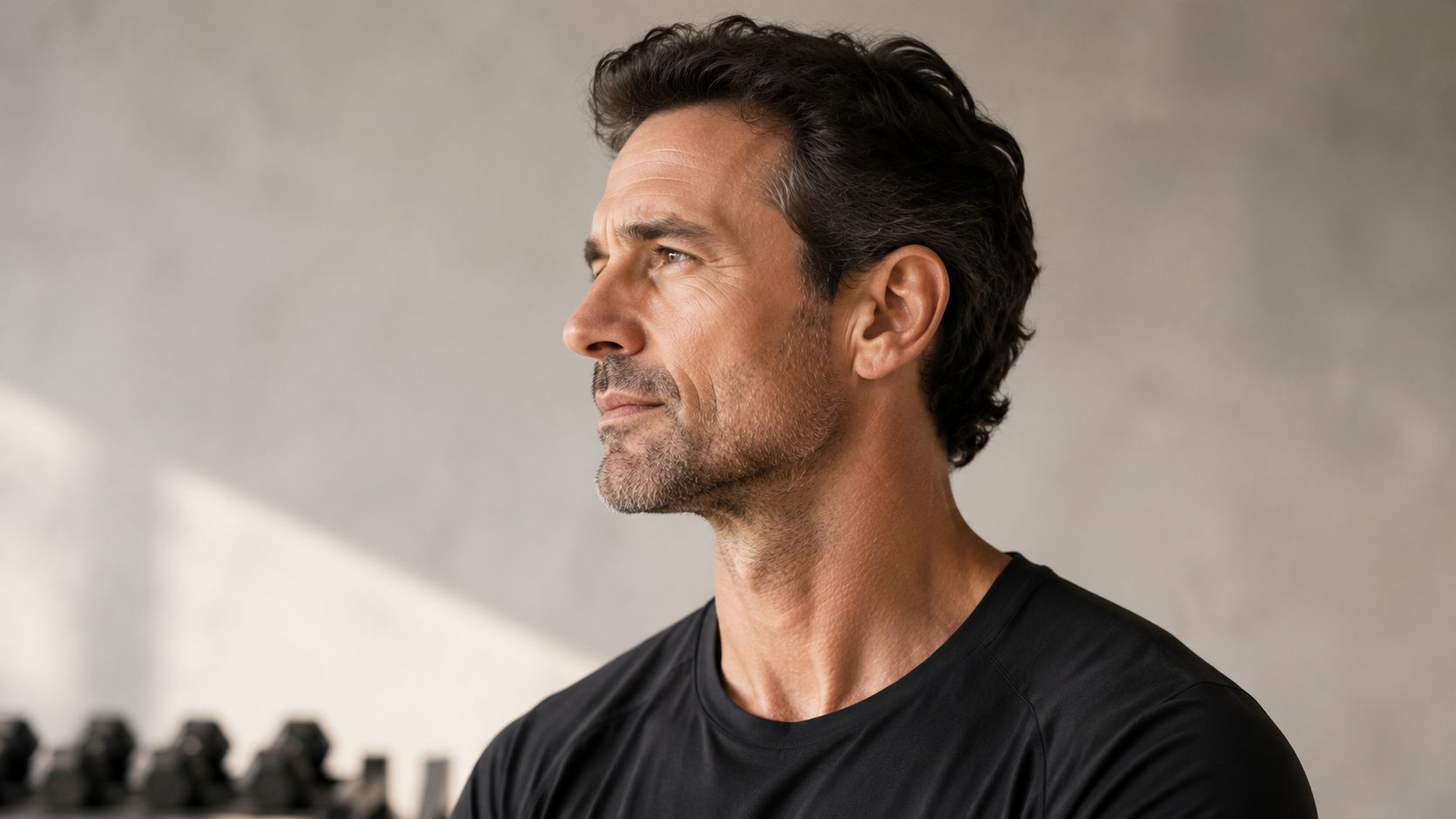 A fit, middle-aged man with a defined jawline looking off to the side in a gym setting.