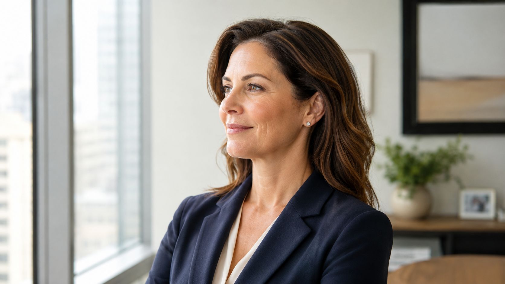 A professional woman in a business suit gazing out of a window with a thoughtful expression.