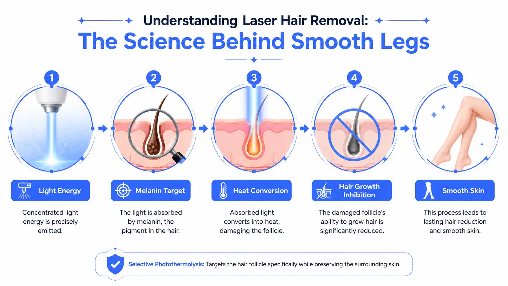 A five-step infographic illustrating the science of laser hair removal on legs using selective photothermolysis.
