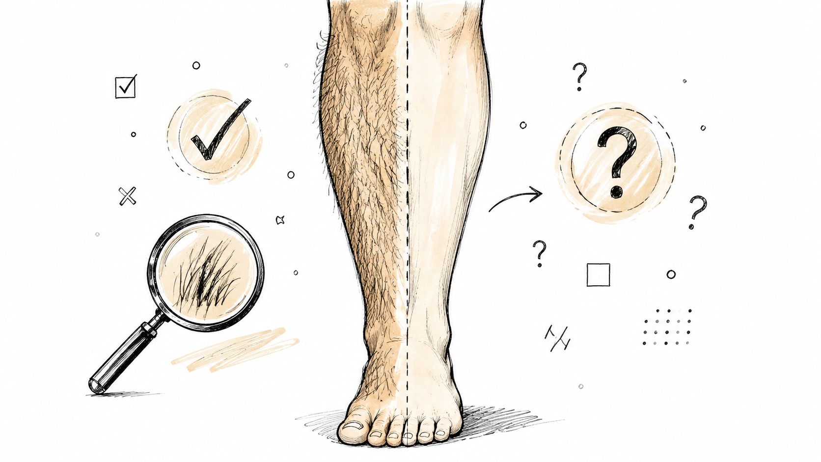 A conceptual illustration comparing a hairy leg to a smooth hairless leg with magnifying glass and symbols.