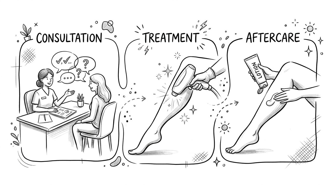 A hand-drawn illustration showing the three steps of laser hair removal: consultation, treatment, and aftercare.