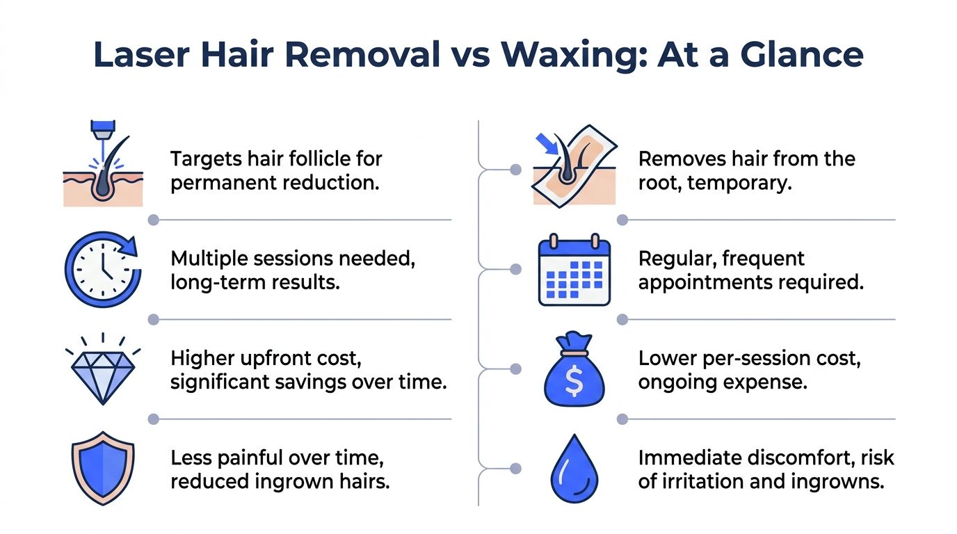A comparison infographic showing the pros and cons of laser hair removal versus professional waxing treatments.