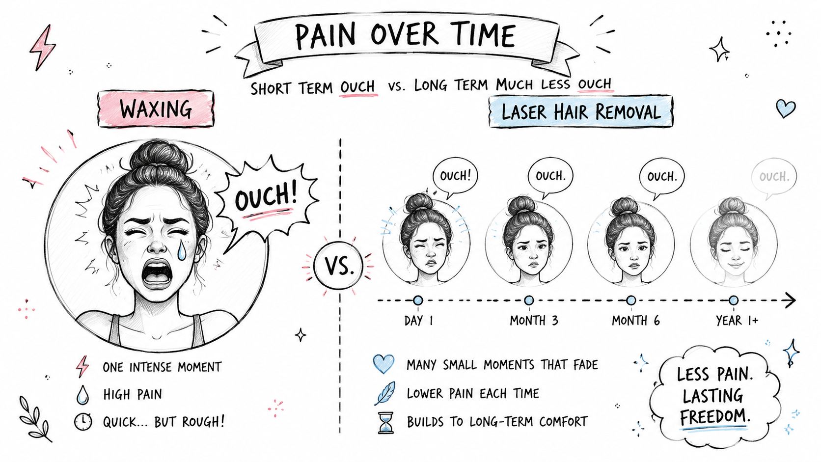 An infographic comparing the pain levels of waxing versus laser hair removal over time for hair removal.
