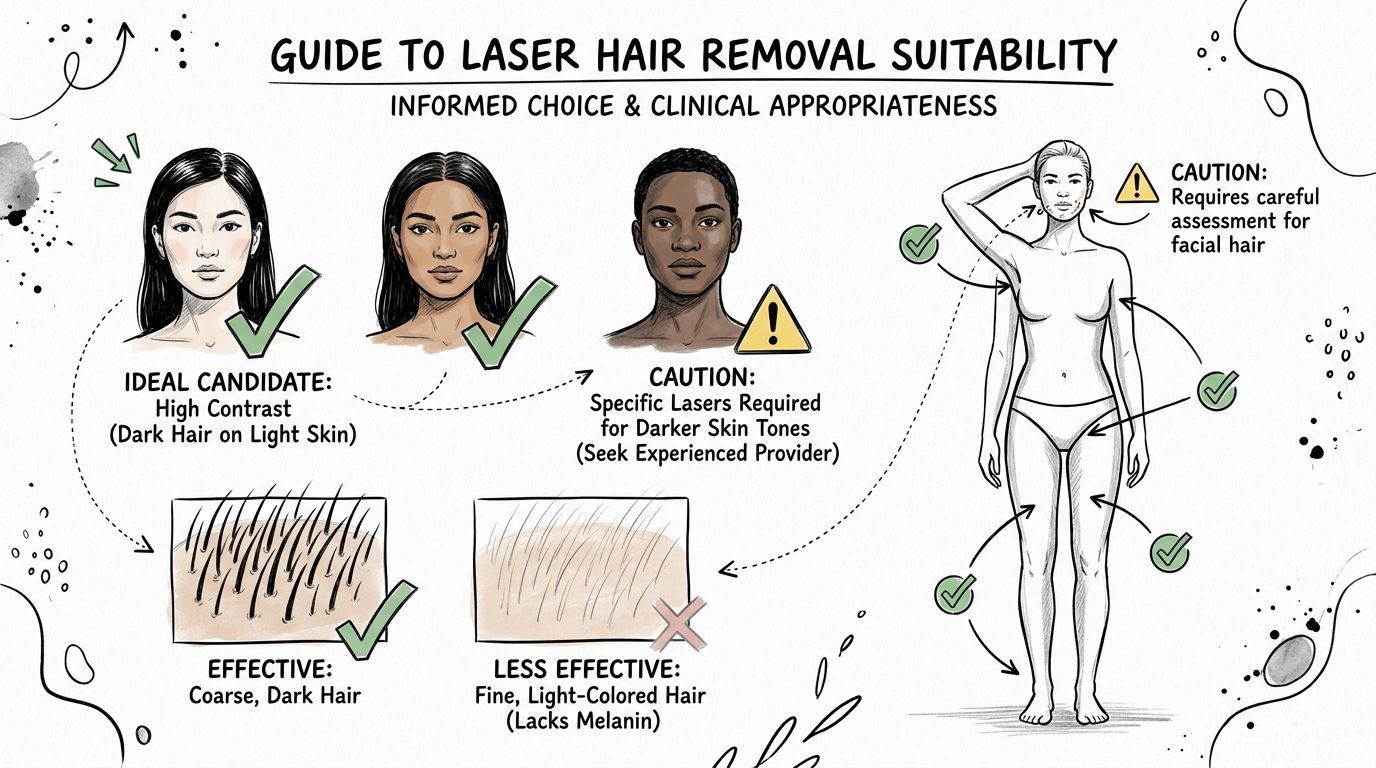 An infographic showing suitability guidelines for laser hair removal based on skin tone and hair color.
