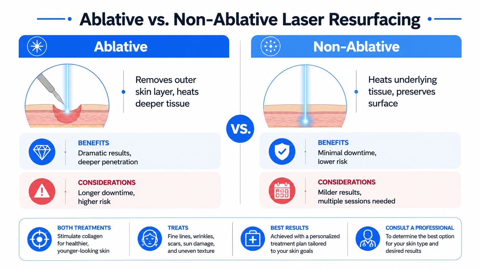 An infographic comparing ablative and non-ablative laser skin resurfacing techniques, detailing their respective benefits, considerations, and common treatment applications.