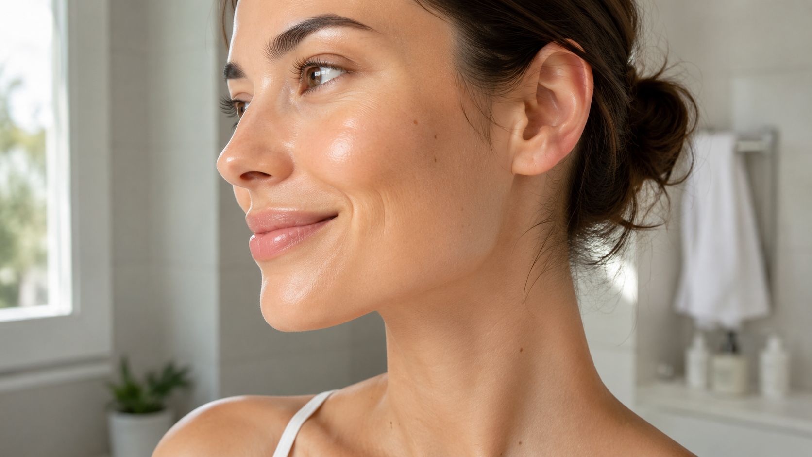 A woman with radiant, clear, and healthy-looking skin smiling softly while looking to the side.