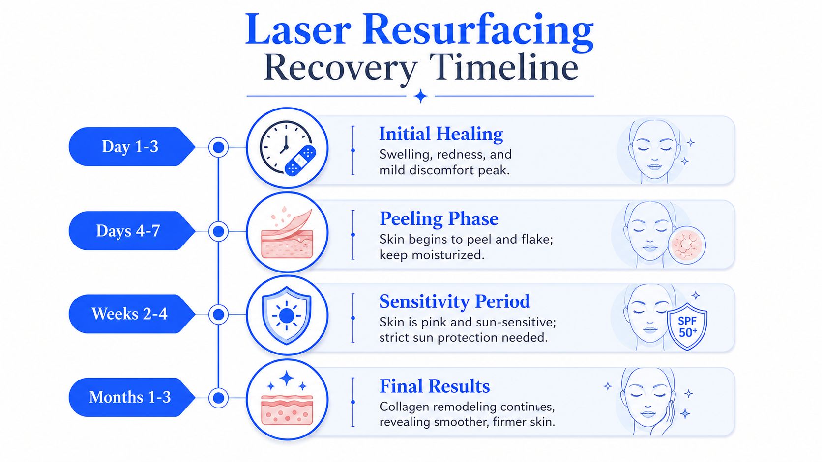 A recovery timeline chart for laser skin resurfacing treatment detailing healing phases from initial swelling to final results.