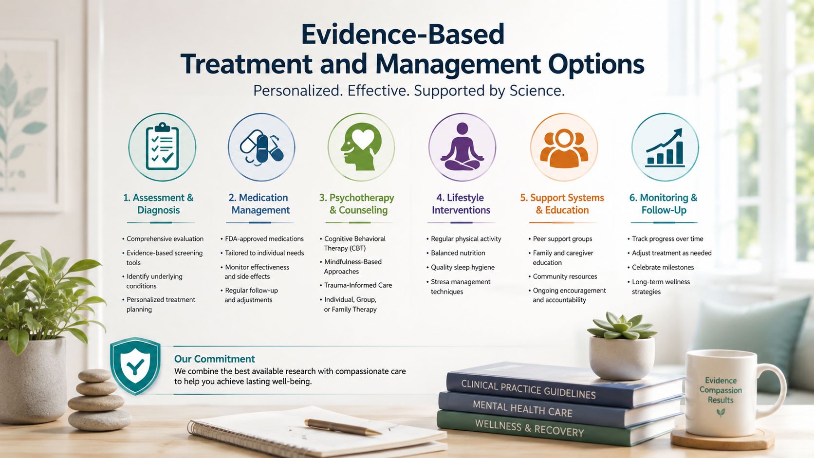 A professional infographic titled Evidence-Based Treatment and Management Options illustrating six pillars of mental health care services.