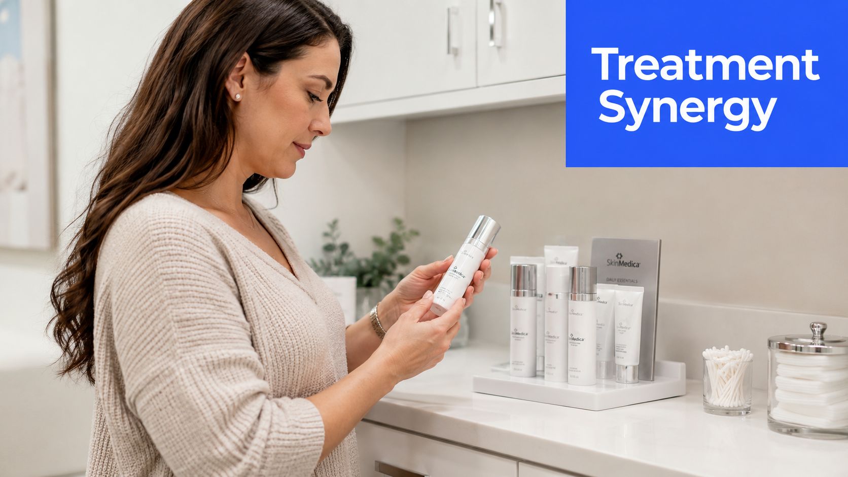 A woman holding a SkinMedica skincare bottle while standing in a bright, modern medical spa office.